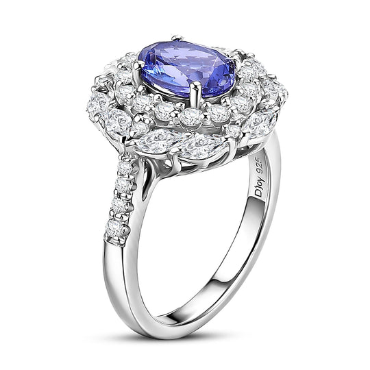 D'Joy AA Tansanit, Moissanit AGI zertifiziert Ring 925 Silber Rhodiniert (Größe 17.00) ca. 2,61 ct
