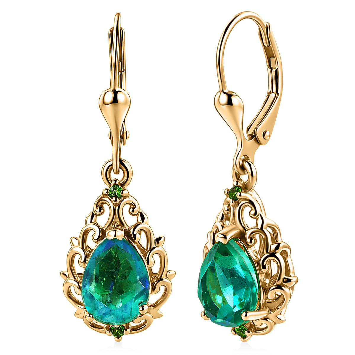 D'Joy Pfau Quarz Triplette, Natürlicher Chromdiopsid Ohrringe 925 Silber 750 Gelbgold vermeil ca. 3,51 ct.