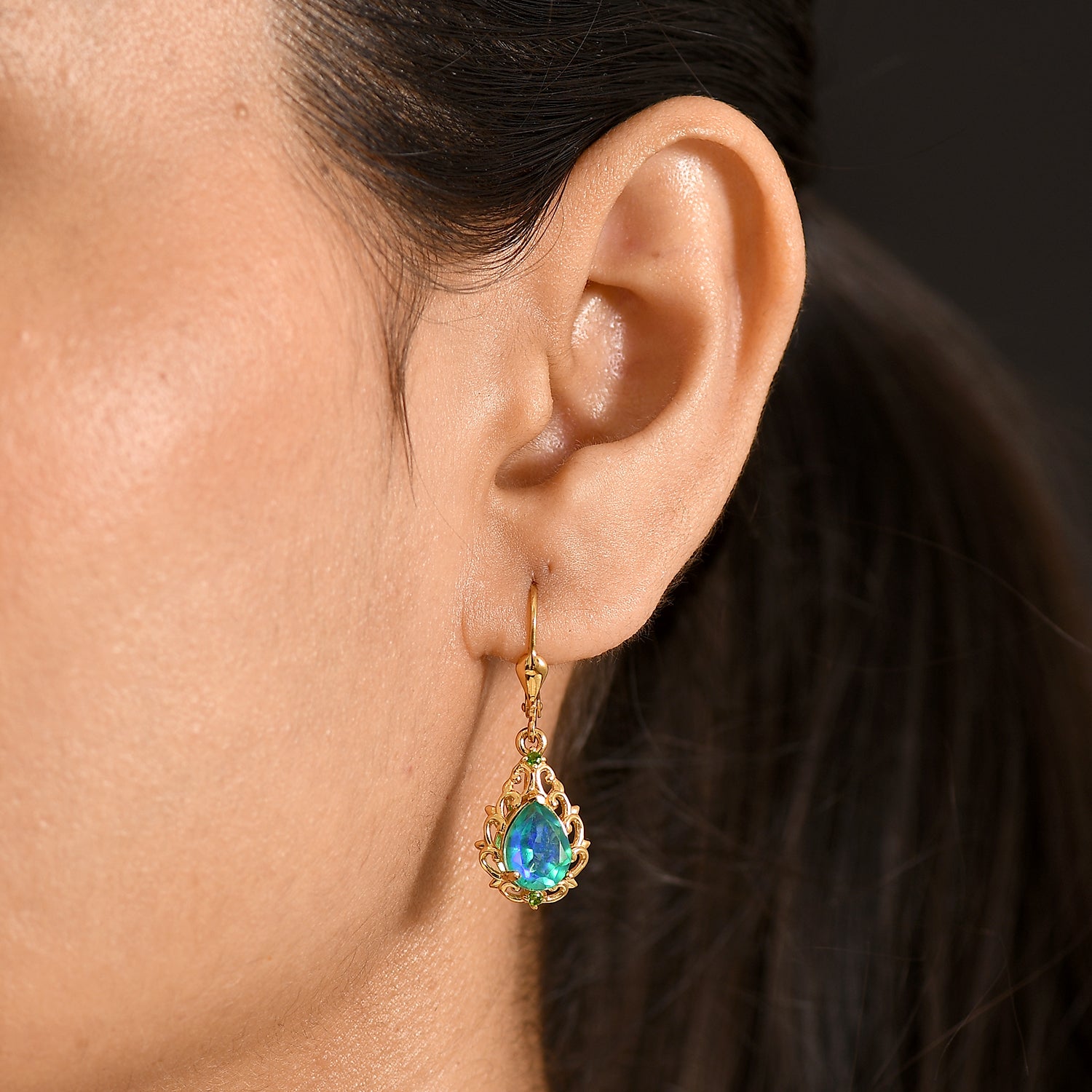 D'Joy Pfau Quarz Triplette, Natürlicher Chromdiopsid Ohrringe 925 Silber 750 Gelbgold vermeil ca. 3,51 ct.