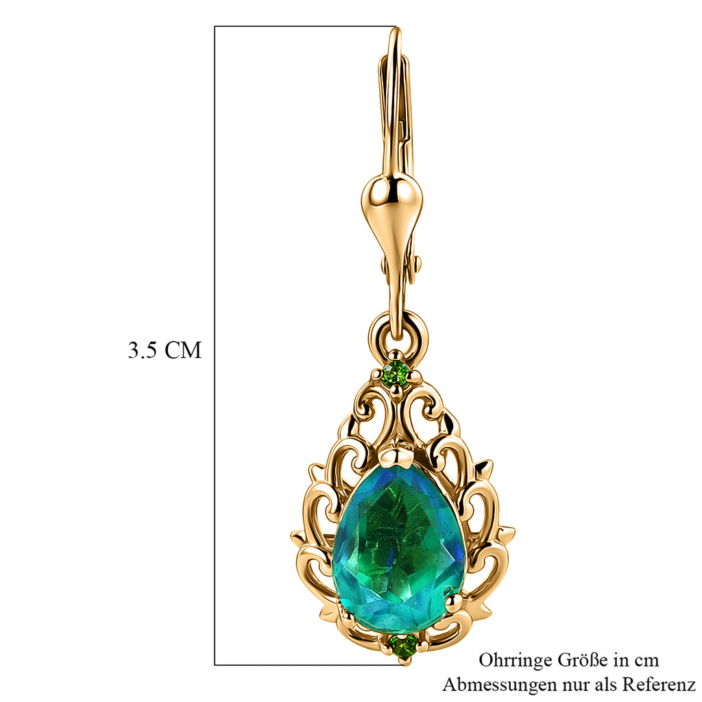 D'Joy Pfau Quarz Triplette, Natürlicher Chromdiopsid Ohrringe 925 Silber 750 Gelbgold vermeil ca. 3,51 ct.