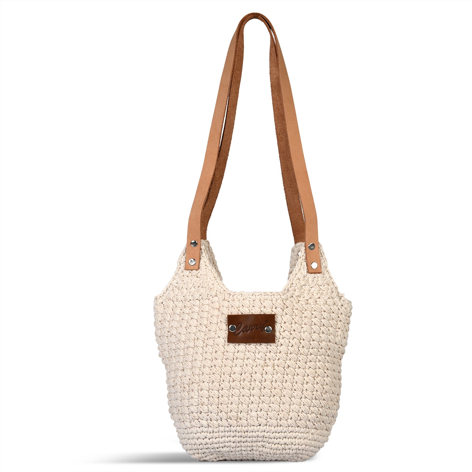 LIVMORE handgefertigte Makramee-Schultertasche mit PU-Tragegriff, 35x35cm, Weiß