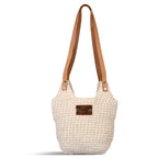 Livmore handgefertigte Makramee-Schultertasche mit PU Leder Tragegriff, 35 x 35 cm, Weiß