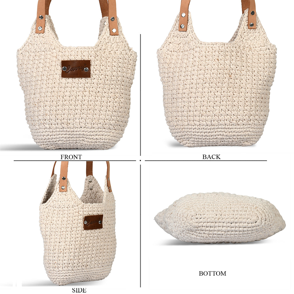 Livmore handgefertigte Makramee-Schultertasche mit PU Leder Tragegriff, 35 x 35 cm, Weiß