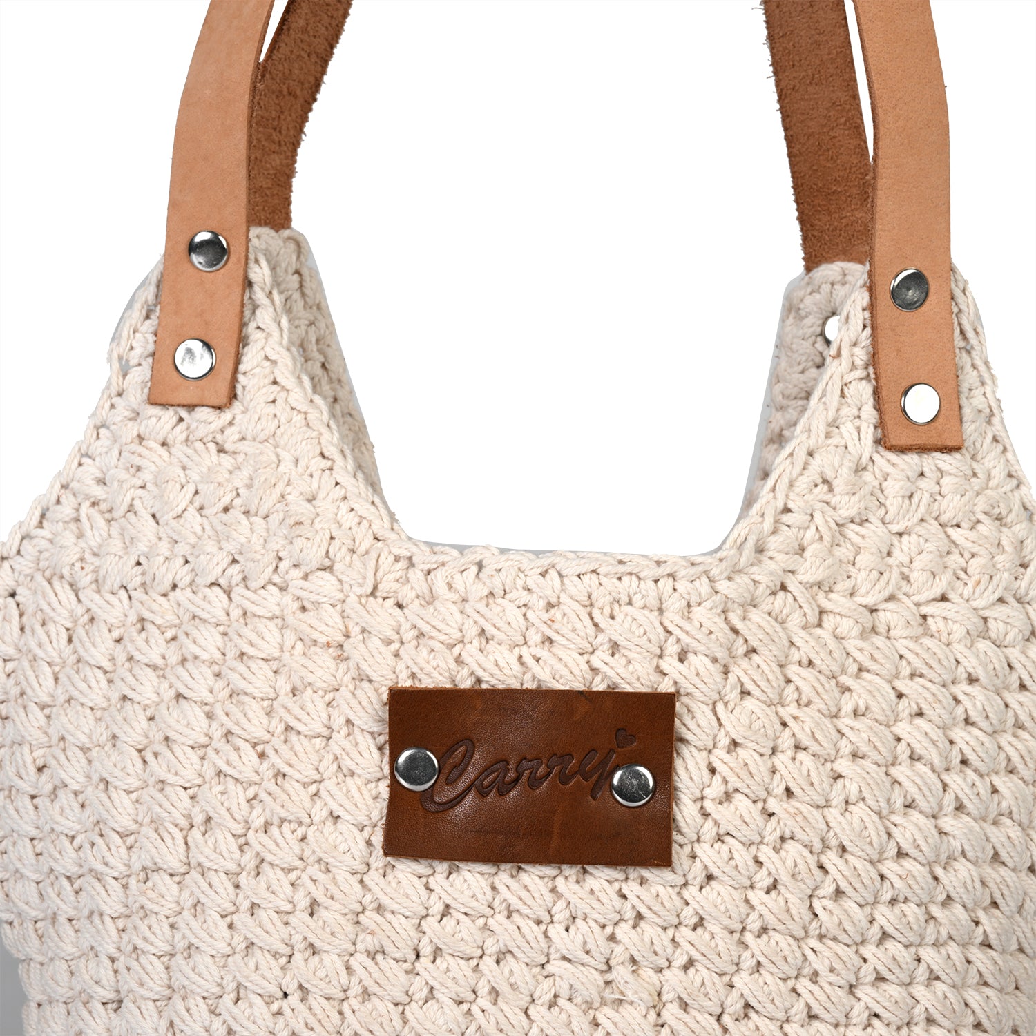 Livmore handgefertigte Makramee-Schultertasche mit PU Leder Tragegriff, 35 x 35 cm, Weiß