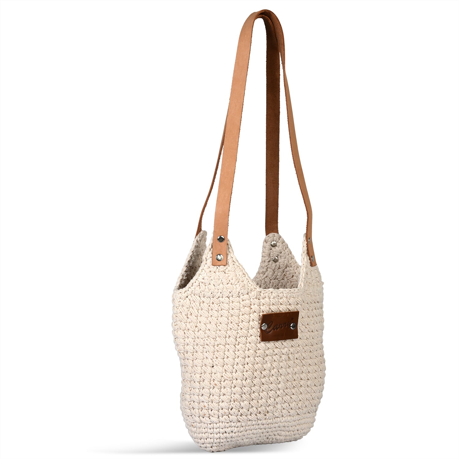 LIVMORE handgefertigte Makramee-Schultertasche mit PU-Tragegriff, 35x35cm, Weiß