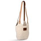 Livmore handgefertigte Makramee-Schultertasche mit PU Leder Tragegriff, 35 x 35 cm, Weiß