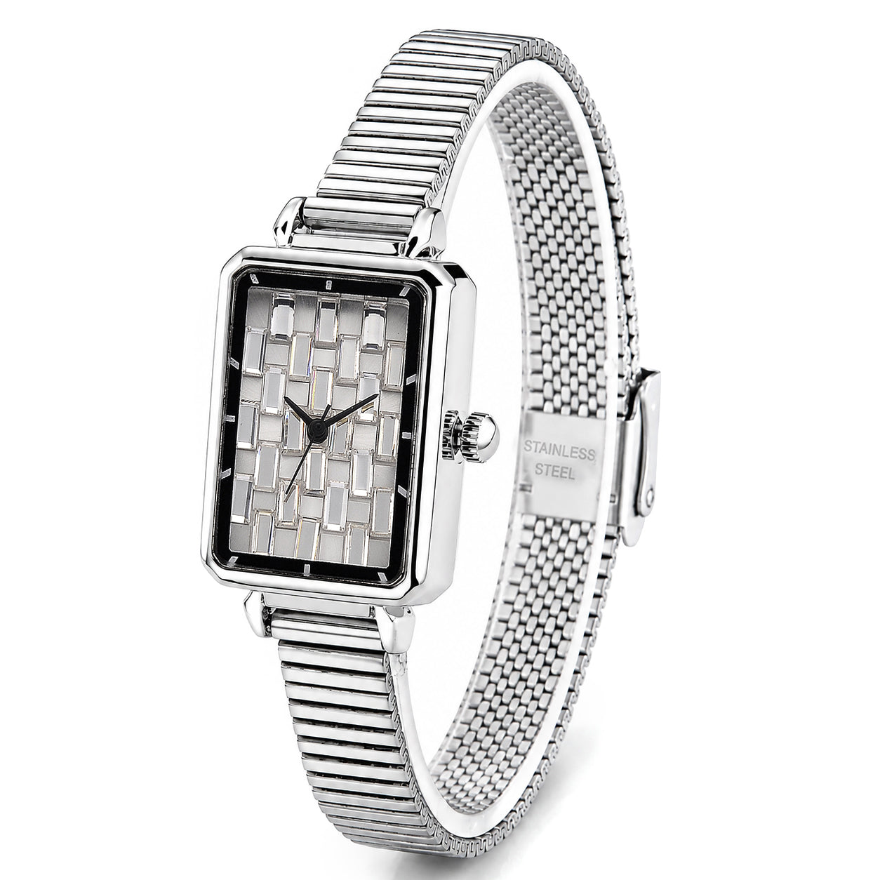 GENOA Uhr mit weißem Zirkonia, japanisches Uhrwerk, 316L Edelstahl, 19 cm, silberfarben, 2.00 ct