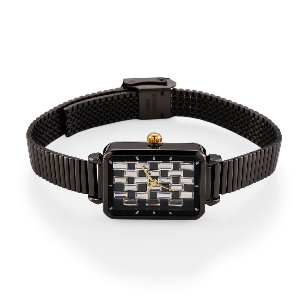 GENOA Uhr mit weißem Zirkonia, japanisches Uhrwerk, 316L Edelstahl, 19 cm, schwarz, 2.00 ct