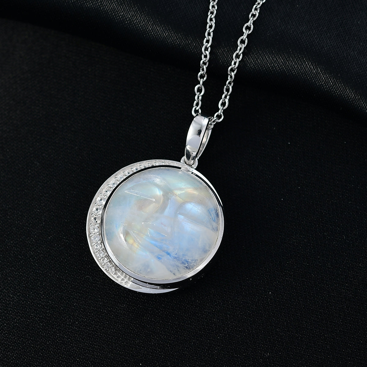 D'Joy AAA Regenbogen Mondstein und Zirkon Ring und Anhänger mit 50cm Kette