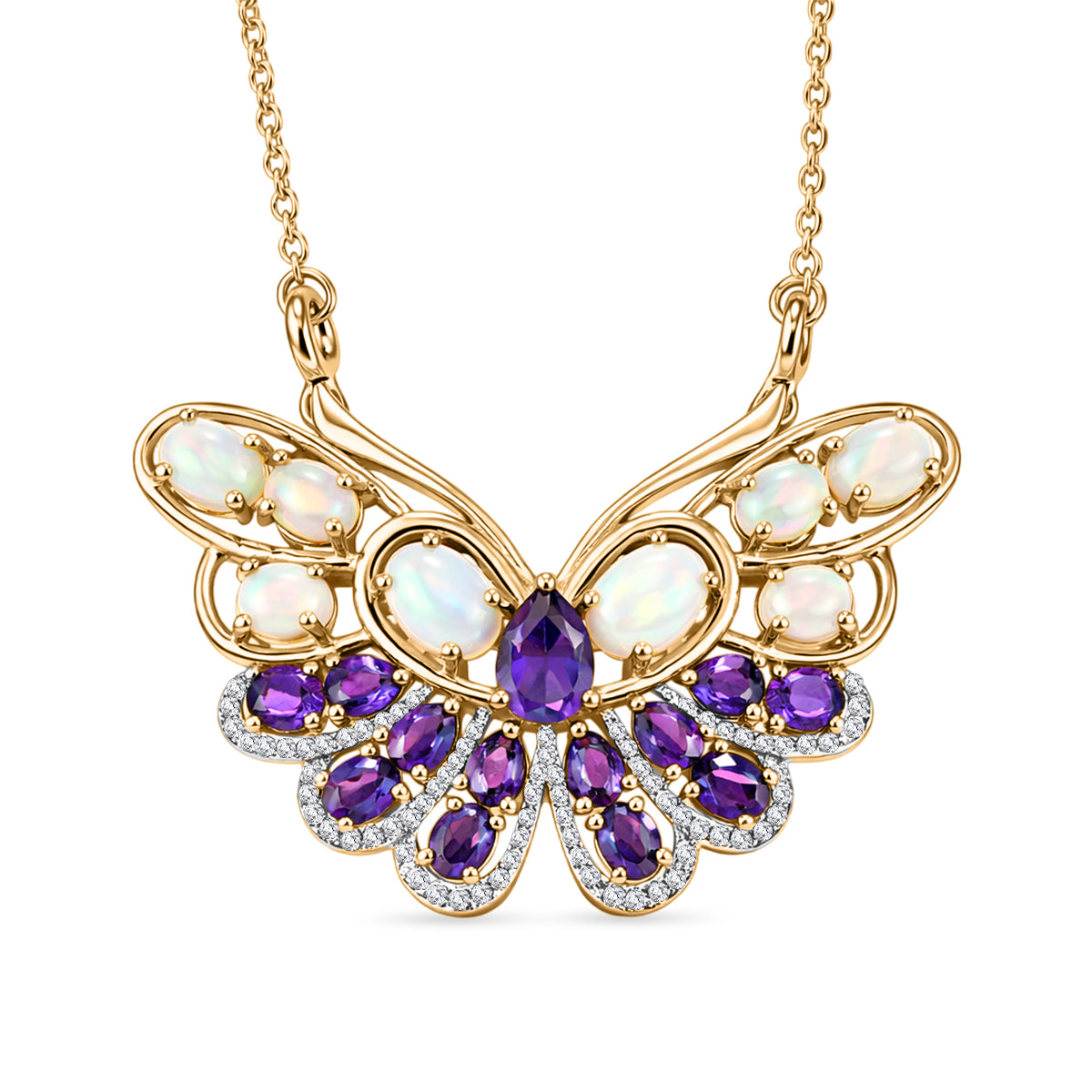 GP - AA Afrikanischer Amethyst, Natürlicher, äthiopischer Welo Opal Halskette ca. 45 cm 925 Silber Rhodiniert und 750 Gelbgold Vermeil ca. 5,67 ct.