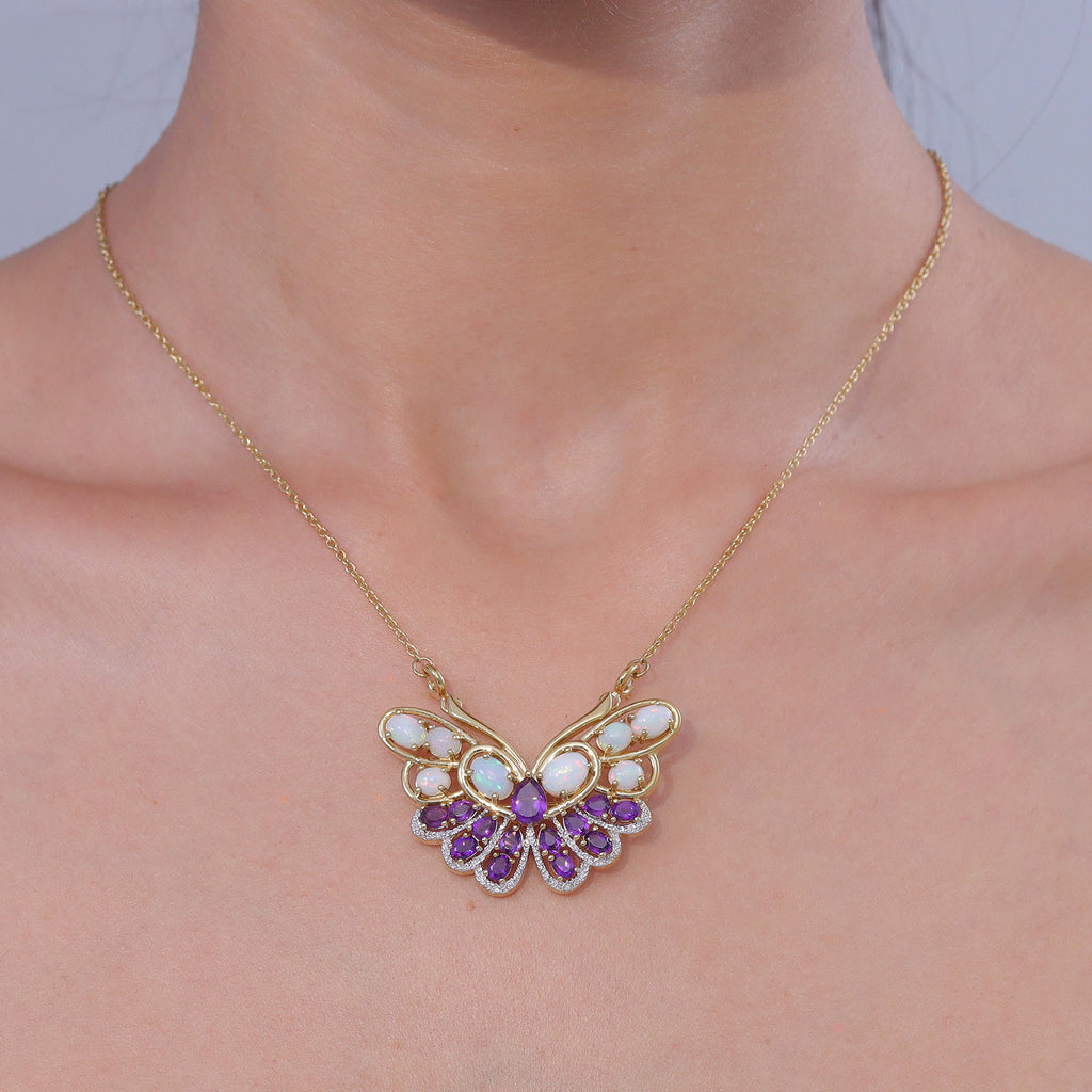 GP - AA Afrikanischer Amethyst, Natürlicher, äthiopischer Welo Opal Halskette ca. 45 cm 925 Silber Rhodiniert und 750 Gelbgold Vermeil ca. 5,67 ct.