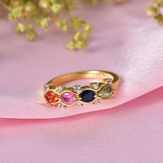 D'Joy Mehrfarbiger Saphir, Blauer Saphir Ring 925 Silber 750 Gelbgold vermeil (Größe 21.00) ca. 1.22 ct