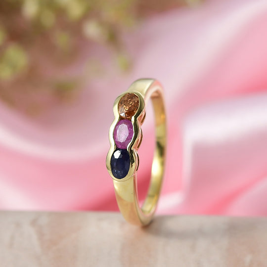 D'Joy Blauer Saphir, Mehrfarbiger Saphir Ring 925 Silber Vergoldet (Größe 21.00) ca. 0.61 ct