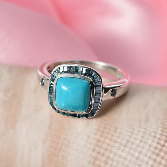 D'Joy Sleeping Beauty Türkis, Blauer Diamant Ring 925 Silber Rhodiniert (Größe 18.00) ca. 2,35 ct