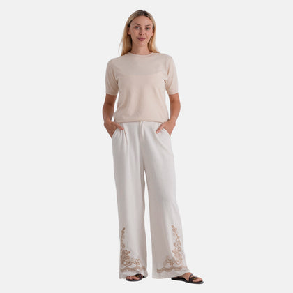 LA MAREY Leinenhose mit Stickerei, 70% Leinen und 30% Baumwolle, EU 36/38, Beige