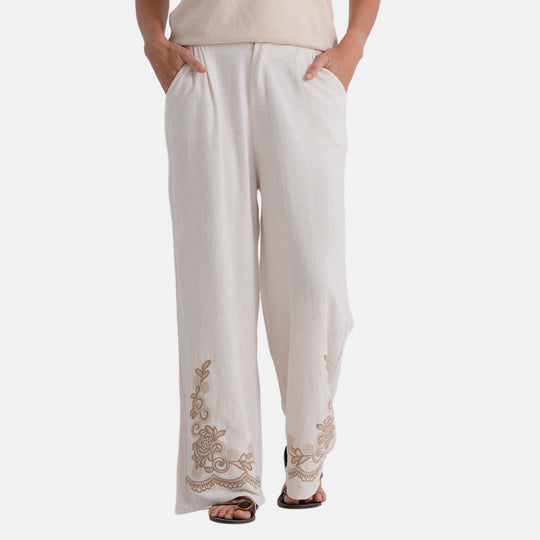 LA MAREY Leinenhose mit Stickerei, 70% Leinen und 30% Baumwolle, EU 40/42, Größe L, Beige