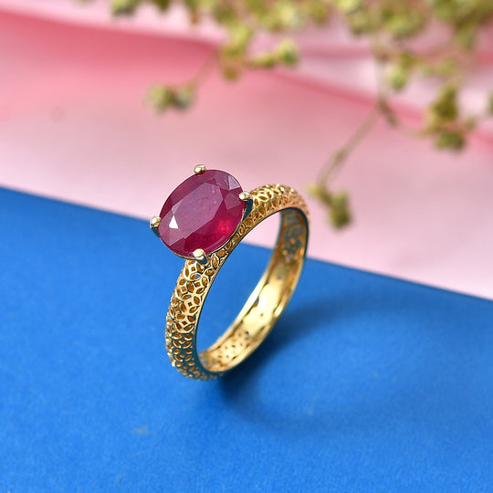 D'Joy AA Afrikanischer Rubin (Fissure gefüllt) Ring 925 Silber 750 Vergoldet (Größe 20.00) ca. 2,71 ct