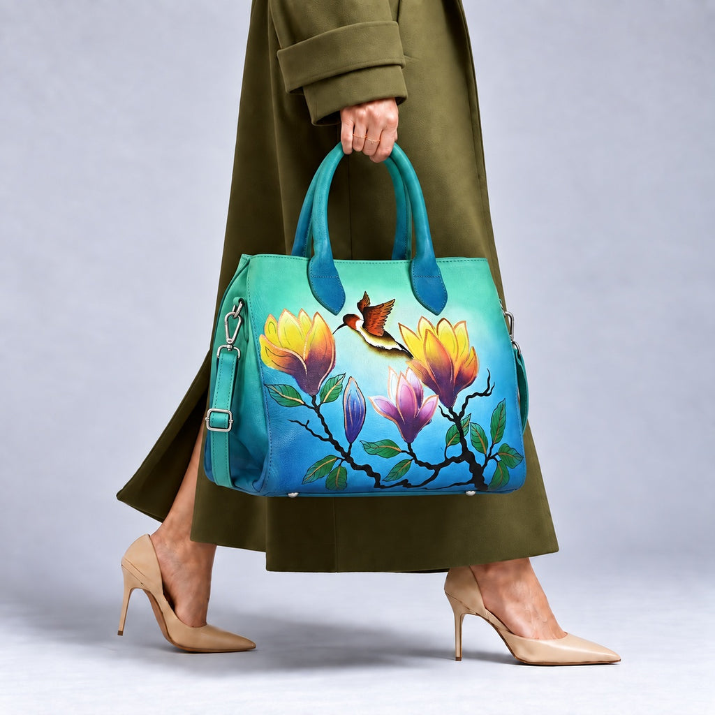 LA MAREY Artisan 100% Genuine Leather Cross body bag with Hand painted Flower print Size- 22 x 28 x 11.5 cm Color- Multi Color