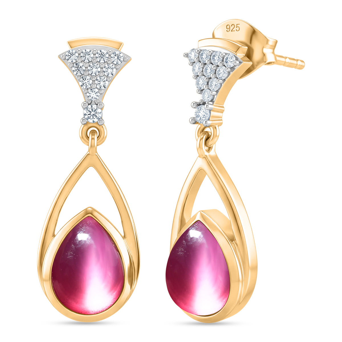 D'Joy Flamingo Mondstein, Weißer Zirkon Ohrringe 925 Silber 750 Vergoldet ca. 2,81 ct.
