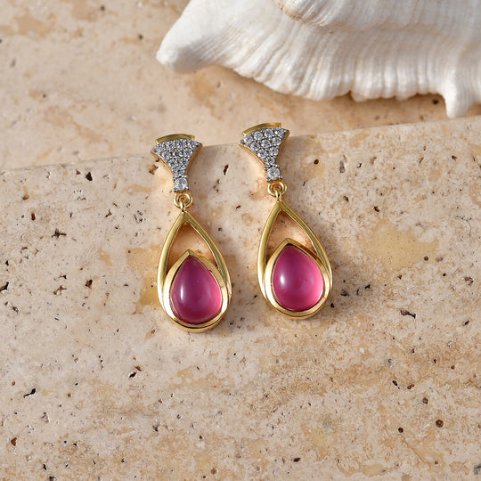 D'Joy Flamingo Mondstein, Weißer Zirkon Ohrringe 925 Silber 750 Vergoldet ca. 2,81 ct.