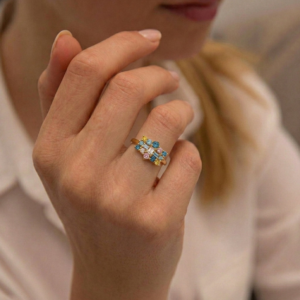 LUXURIANT DIAMOND - Lab Grown Blauer Diamant SI, Lab Grown Rosa Diamant Ring 925 Silber 750 Gelbgold vermeil (Größe 19.00) ca. 0,50 ct