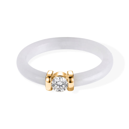 D'Joy Natürliche Weiße Jade, Lab Grown Diamant (0,26 CT) Ring 925 Silber Vergoldet (Größe 16.00) ca. 5,95 ct