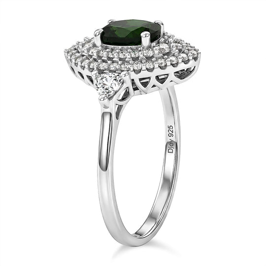 D'Joy AA Natürlicher Chromdiopsid, Moissanit AGI zertifiziert Ring 925 Silber Rhodiniert (Größe 19.00) ca. 2,20 ct