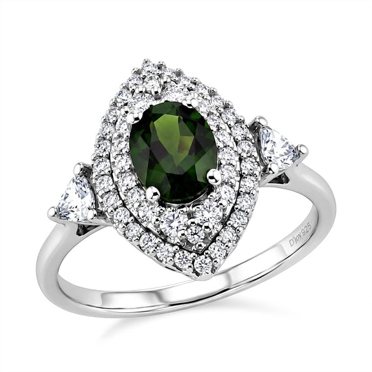 D'Joy AA Natürlicher Chromdiopsid, Moissanit AGI zertifiziert Ring 925 Silber Rhodiniert (Größe 19.00) ca. 2,20 ct