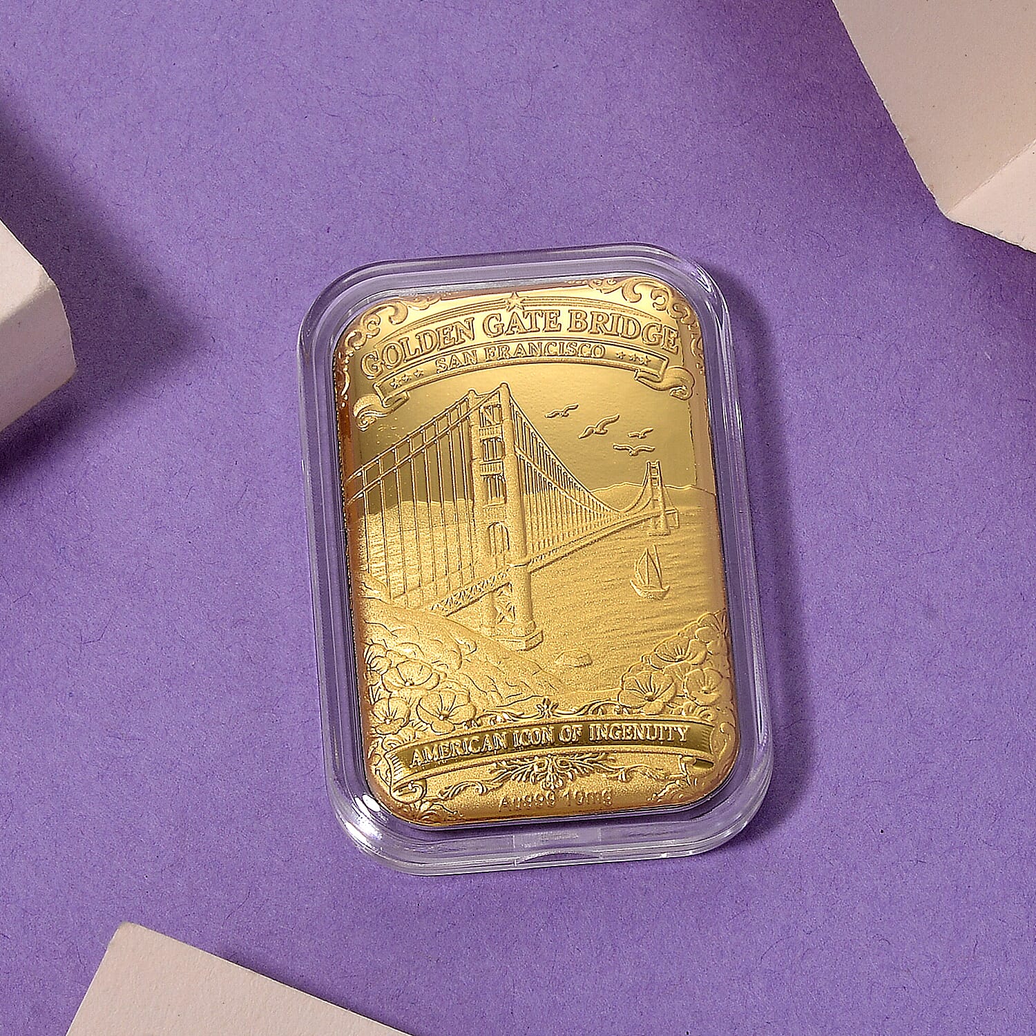 EXKLUSIVES GESCHENK - 999er Goldfolie mit Golden Gate Bridge in San Francisco, ca. 26x40 mm, ca. 10 mg