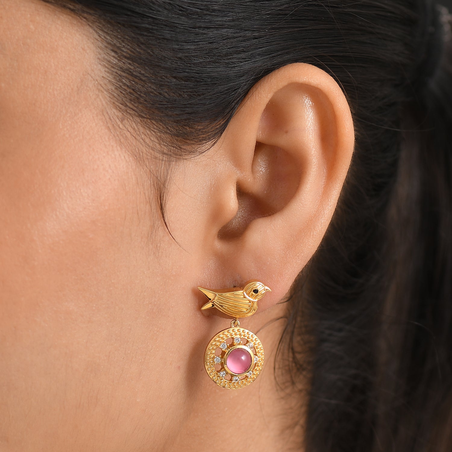 EVER TRUE Flamingo Mondstein, Weißer Zirkon Ohrringe 950 Kupfer 750 Vergoldet ca. 2.27 ct
