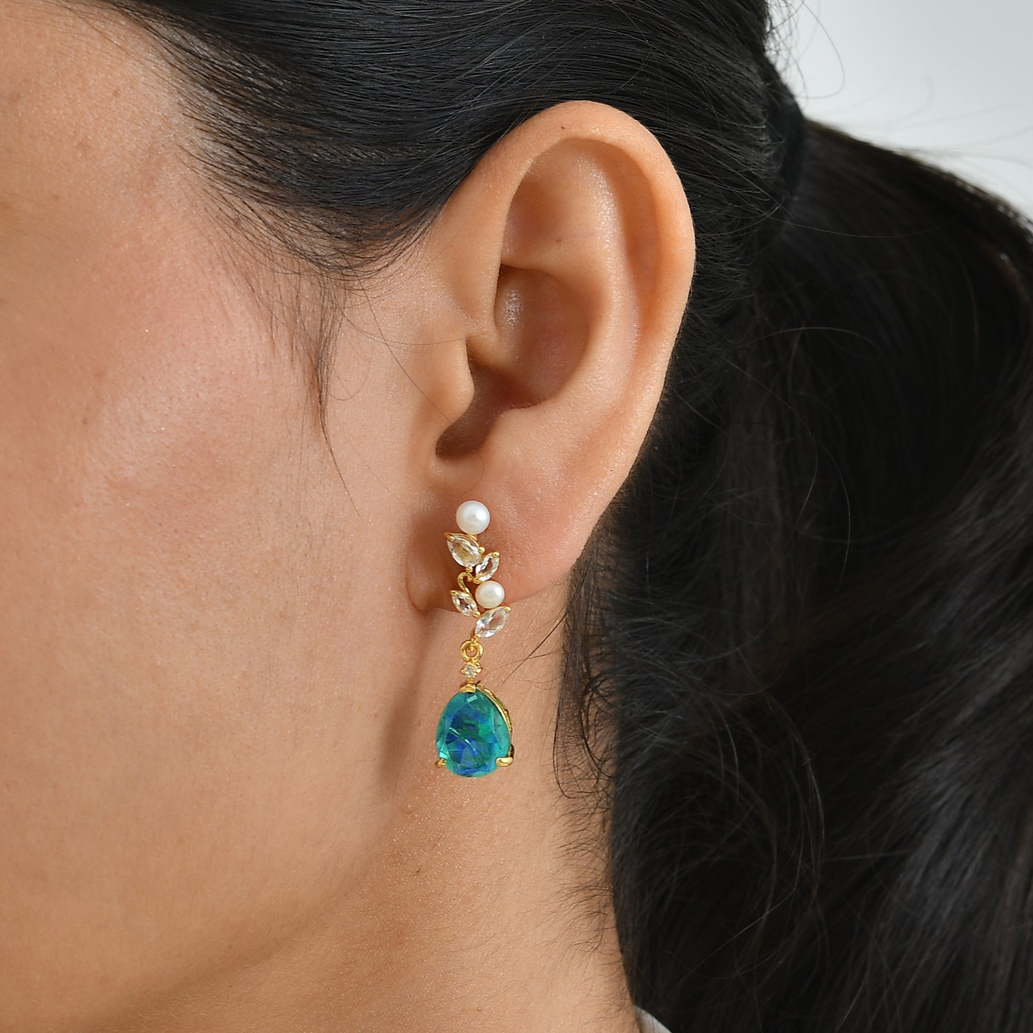 EVER TRUE Pfau Quarz Triplette, Süßwasser Perle (4-4.5mm) Ohrringe Nickelfreies Messing 9.08 ct