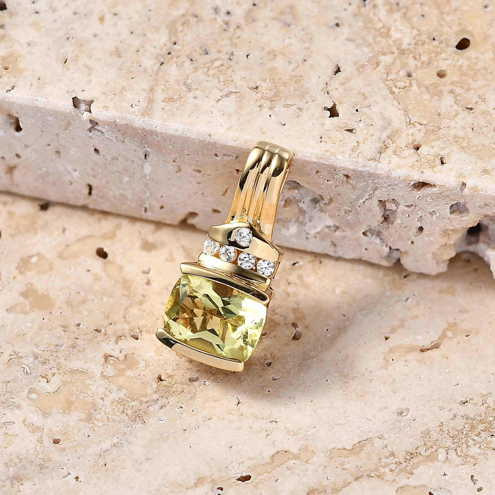 D'Joy AAA Ouro Verde-Quarz, Weißer Zirkon Anhänger 925 Silber 750 Vergoldet ca. 1,48 ct.