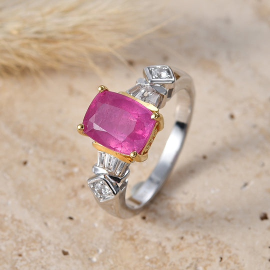 D'Joy Ilakaka Rosa Saphir (Fissure gefüllt), Weißer Zirkon Ring 925 Silber Rhodiniert und 750 Gelbgold Vermeil (Größe 17.00) ca. 3,36 ct