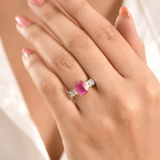 D'Joy Ilakaka Rosa Saphir (Fissure gefüllt), Weißer Zirkon Ring 925 Silber Rhodiniert und 750 Gelbgold Vermeil (Größe 17.00) ca. 3,36 ct
