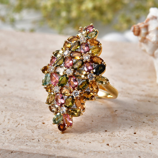 D'Joy AA Mehrfarbiger-Turmalin, Weißer Zirkon Ring 925 Silber 750 Gelbgold vermeil (Größe 21.00) ca. 9.52 ct