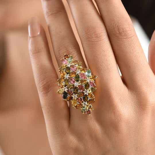 D'Joy AA Mehrfarbiger-Turmalin, Weißer Zirkon Ring 925 Silber 750 Gelbgold vermeil (Größe 21.00) ca. 9.52 ct
