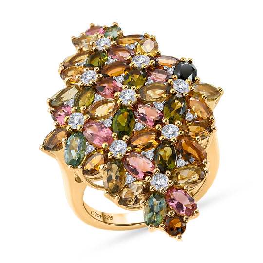 D'Joy AA Mehrfarbiger-Turmalin, Weißer Zirkon Ring 925 Silber 750 Gelbgold vermeil (Größe 21.00) ca. 9.52 ct