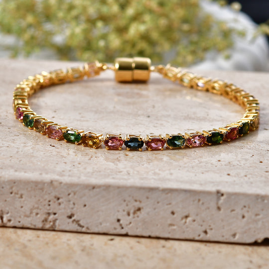 D'Joy AA Multi-Turmalin 19cm Eternity Armband, 925 Silber 750 Gelbgold Vermeil - 7,49 ct.