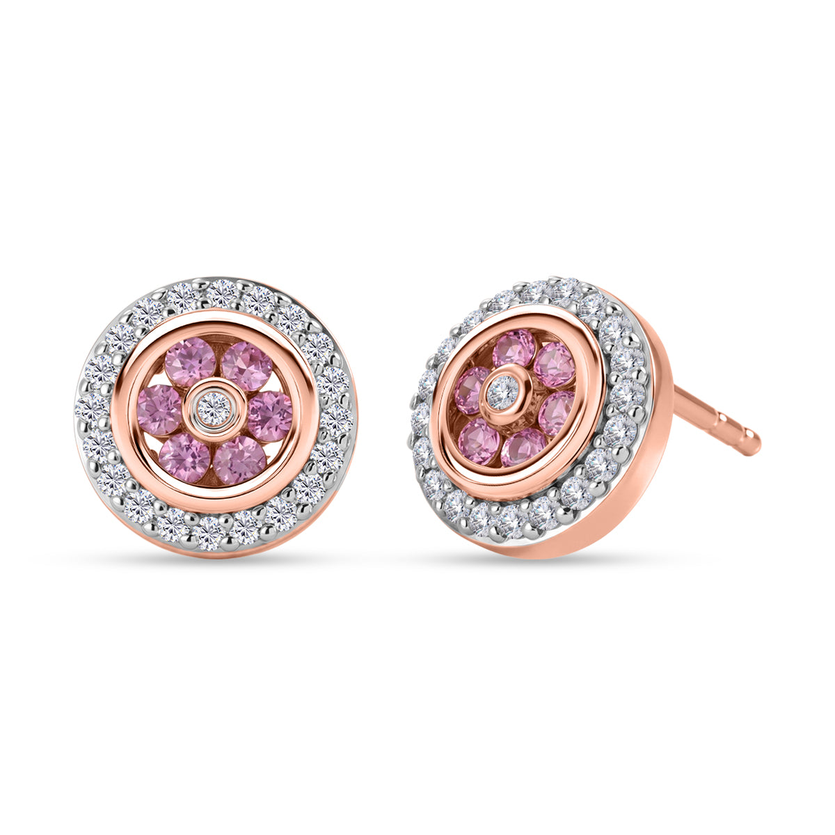 D'Joy Rosa Saphir, Weißer Zirkon Ohrringe 925 Silber 750 Roségold vermeil ca. 0,79 ct.