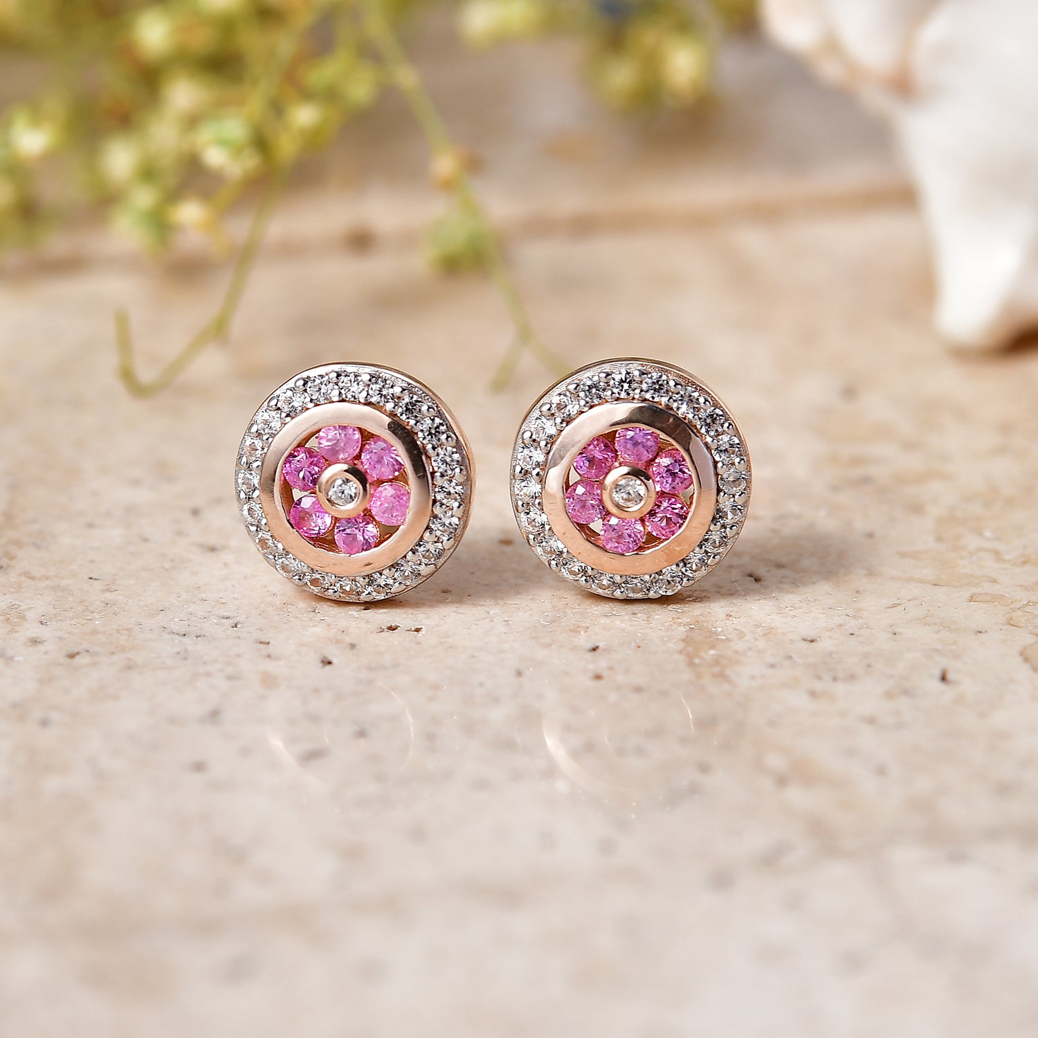 D'Joy Rosa Saphir und Zirkon Ohrringe, 925 Silber 750 Roségold Vermeil - 0,79 ct.