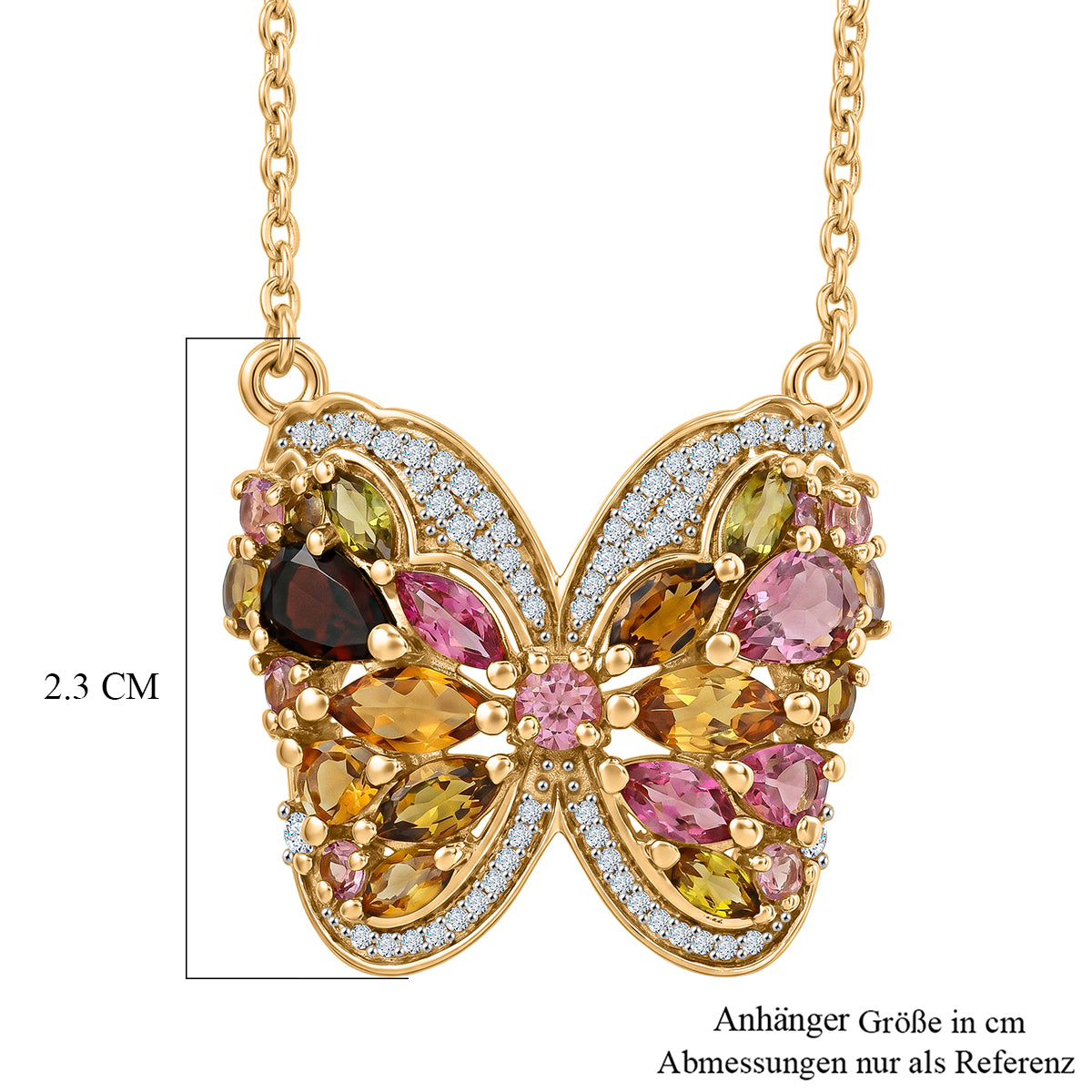 D'Joy AA Multi-Turmalin und Moissanit 45cm Schmetterlingshalskette, 925 Silber 750 Gelbgold Vermeil - 3,34 ct.