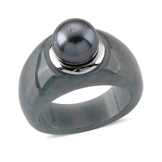 D'Joy EXTREM SELTEN - Tahitiperle (9-10 mm), Natürlicher Olmek Jadeit Ring 925 Silber Rhodiniert (Größe 20.00) 12.54 ct