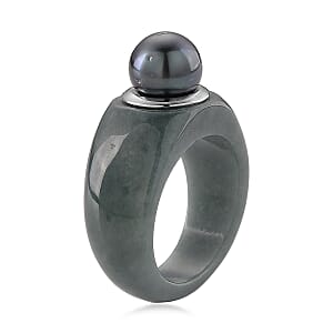 D'Joy EXTREM SELTEN - Tahitiperle (9-10 mm), Natürlicher Olmek Jadeit Ring 925 Silber Rhodiniert (Größe 20.00) 12.54 ct