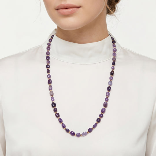 Afrikanischer Amethyst Halskette ca. 60 cm +5 cm Extender, Reine Legierung Goldton ca. 100.00 ct