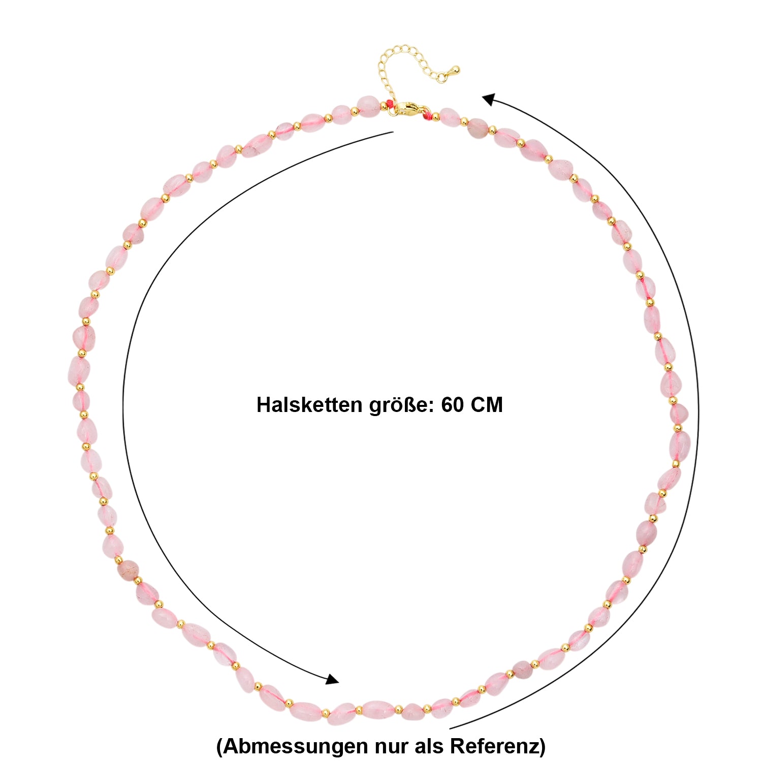 Rosenquarz Halskette ca. 60 cm + 5 cm Extender, Reine Legierung Goldton ca. 100.00 ct