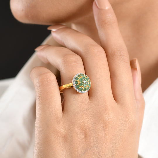 D'Joy Socoto Smaragd und Zirkon floraler Halo Ring, 925 Silber 750 Gelbgold Vermeil - 1,65 ct.