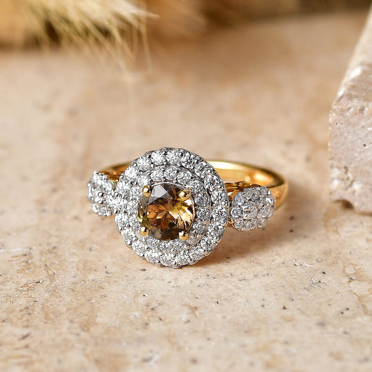 D'Joy AA Gelber Tansanit, Moissanit AGI zertifiziert Ring 925 Silber 750 Gelbgold vermeil (Größe 16.50) ca. 2,34 ct