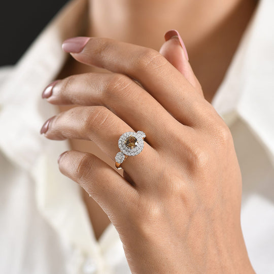 D'Joy AA Gelber Tansanit, Moissanit AGI zertifiziert Ring 925 Silber 750 Gelbgold vermeil (Größe 16.50) ca. 2,34 ct