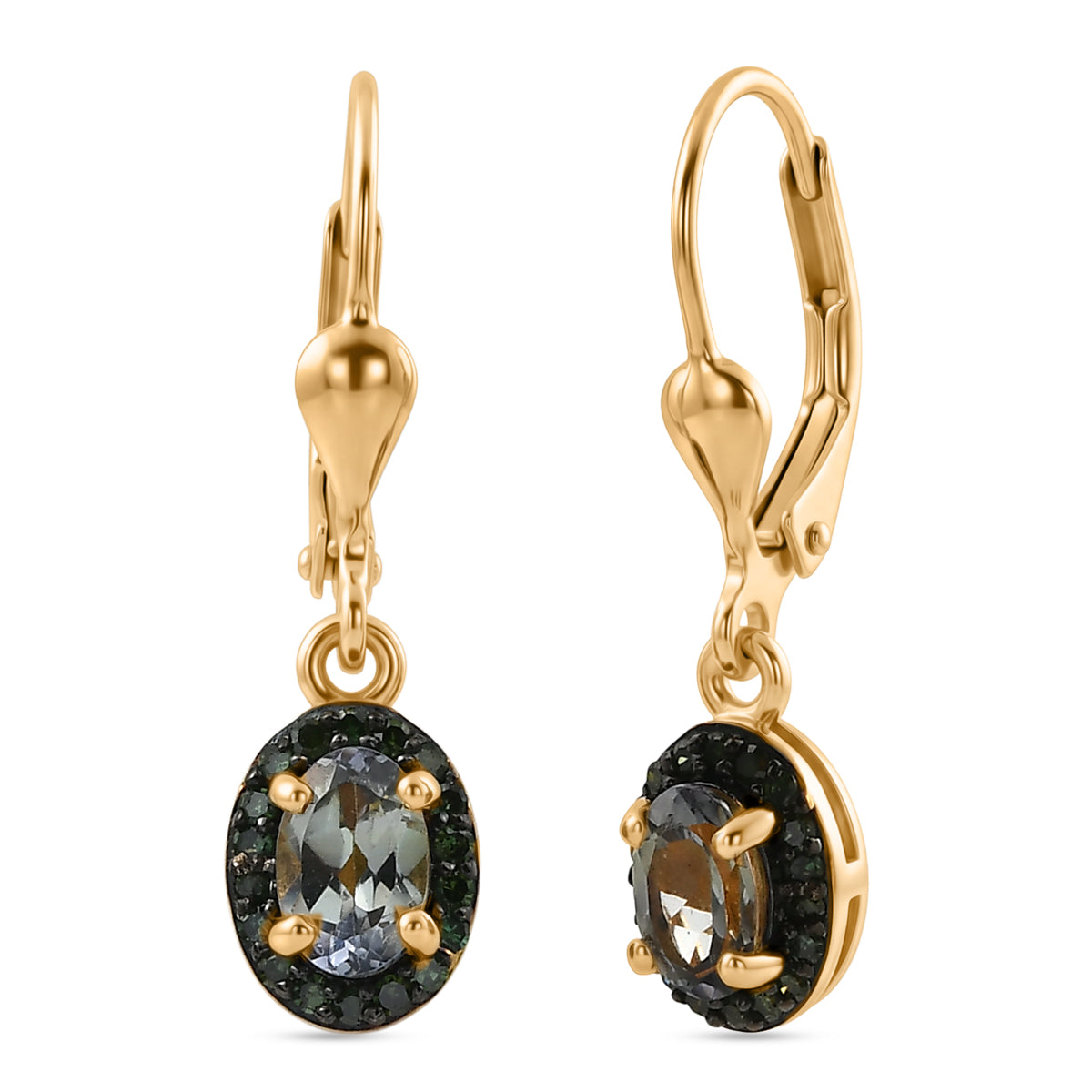D'Joy Grüner Tansanit, Grüner Diamant Ohrringe 925 Silber 750 Gelbgold vermeil ca. 1.06 ct