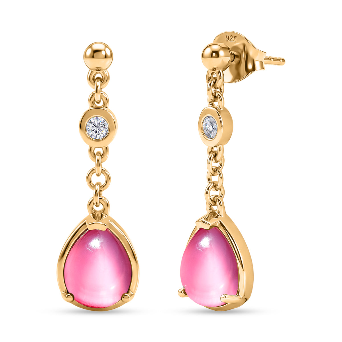 D'Joy Flamingo Mondstein, Moissanit Ohrringe 925 Silber 750 Gelbgold vermeil ca. 5.21 ct